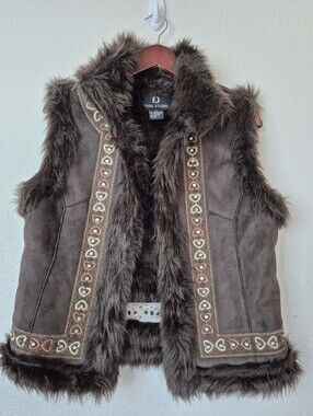 Y2k 2000's Fuda Studio Mob Wife‎ Faux Fur Trim Embroidered Vest Size Medium